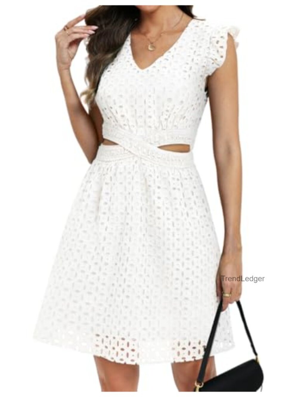 Womens Eyelet Lace Fit and Flare Dress Cutout Waist Above Knee Cocktail